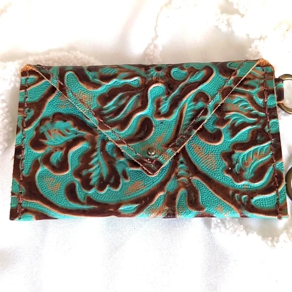 Turquoise and Brown Leather Tooled Artisan Keychain/C Card Money /Mini Wallet